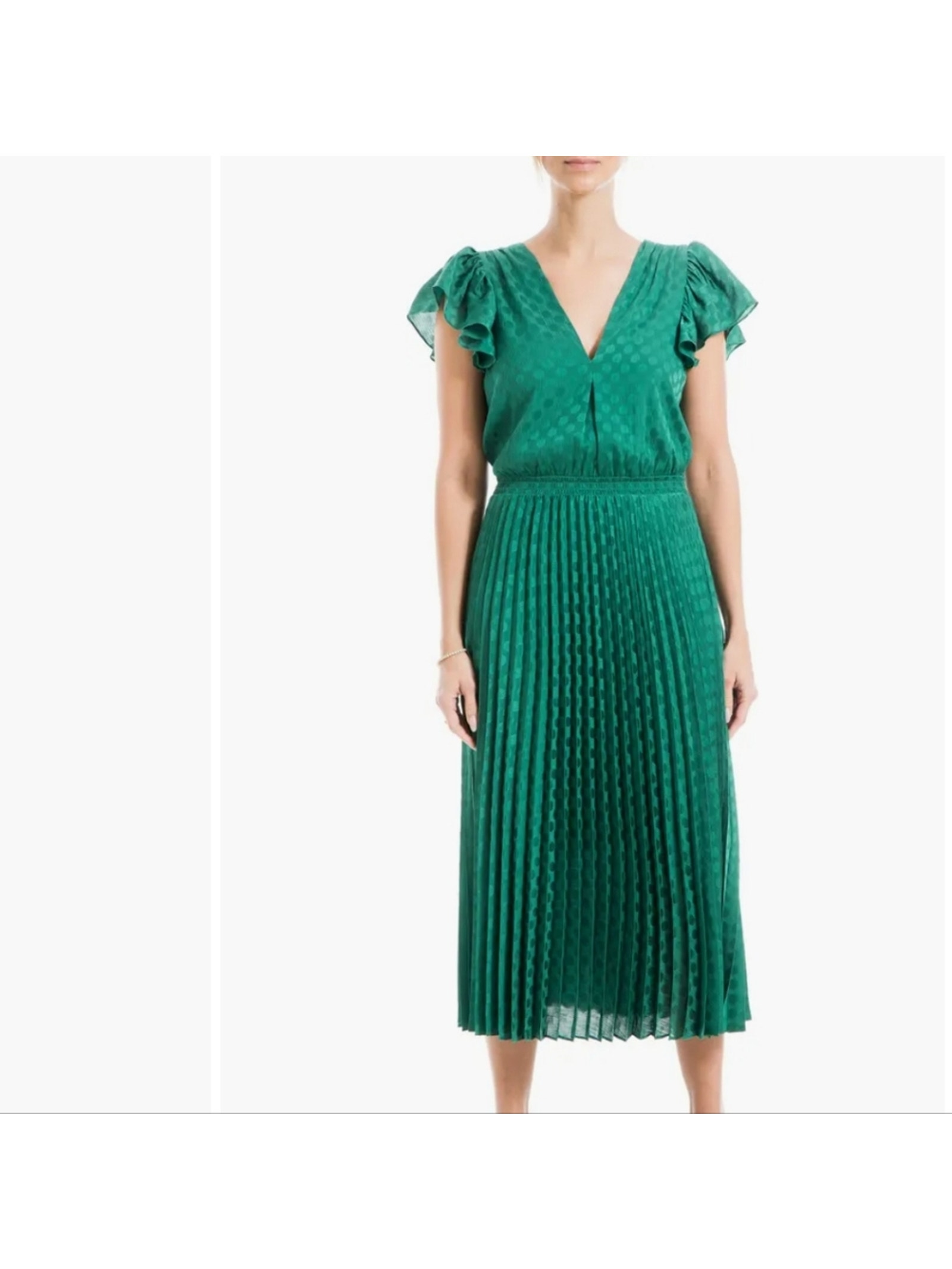 Max Studio Jade Green Pleated Satin Polka Dot Midi Dress Nwt Flutter Sleeve Sm